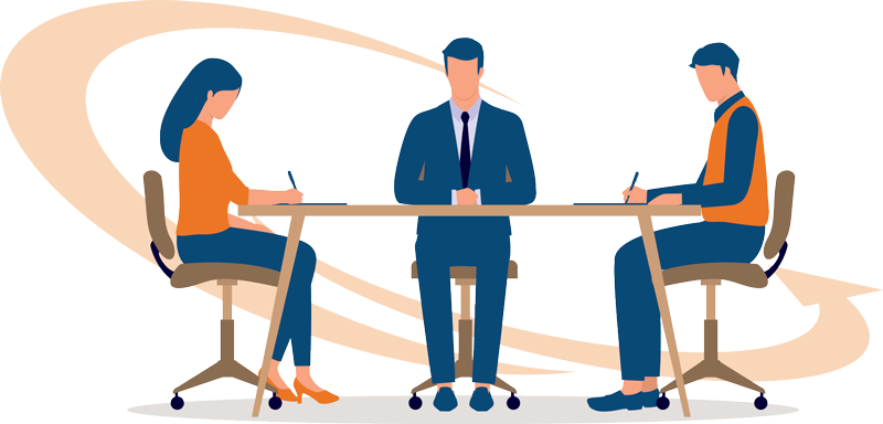 Illustration showing a coupled meeting with a divorce mediator at table