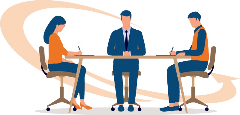 Illustration showing a coupled meeting with a divorce mediator at table
